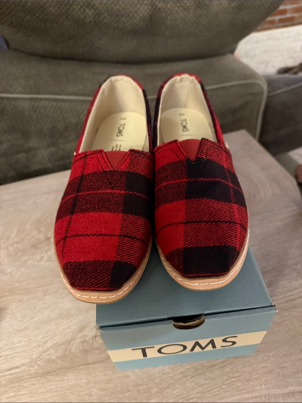 Toms Men’s Red and Black Plaid Slip-On Loafers